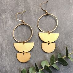 Aurora Earrings. Made to Order. Color : Gold/Brass Brass. Brass Hooks. Approx. measurements. 2-3/4"L ( including the hook) x 1-1/8"W. Handmade in Philadelphia. Minimalist Metal Dangle Chandelier Earrings, Brass Earrings Handmade, Brass Hooks, Geometric Hoop Earrings, Handmade Valentine, The Hook, Geometric Jewelry, Big Earrings, Brass Gold