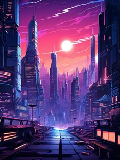 a futuristic cityscape with the sun setting in the background