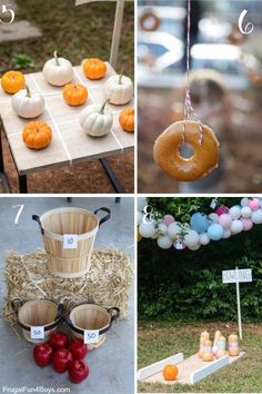 four different pictures with pumpkins, donuts and other decorations