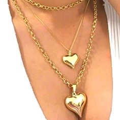 Layered Heart Pendant Necklace. Gold Tone Fashion Jewelry Trendy Gold Charm Necklaces For Valentine's Day, Double Heart Necklace For Party, Trendy Gold Jewelry With Heart Beads, Gold Heart Necklace For Mother's Day Party, Trendy Gold Heart Pendant Charm Necklace, Trendy Gold Heart Charm Necklaces, Gold Heart Pendant Necklace Trendy, Trendy Gold Heart Charm Necklace, Trendy Gold Heart Pendant Necklace