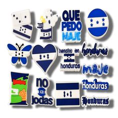 various stickers and decals are arranged in the shape of letters, numbers, and symbols