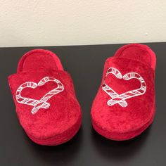 Bright Red Holiday Slippers With A Cute Candy-Cane Heart. Never Worn, Brand New. Tis’ The Season! Holiday Slippers, Cute Candy, Tis The Season, Bright Red, Candy Cane, Slippers, Candy, Size Medium, Women Shoes