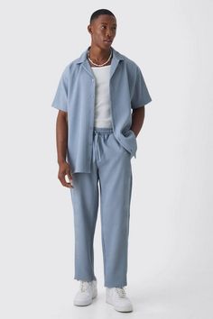 Oversized Short Sleeve Pleated Shirt & Straight Trouser Monochromatic Outfit Men, Going Out Trousers, Plus Size Suits, Monochromatic Outfit, Going Out Shirts, Tall Hoodies, Pleated Shirt, Prom Suits