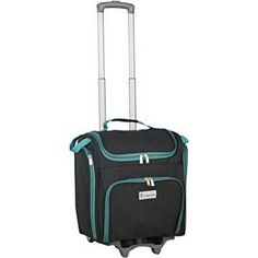 a black and teal rolling bag with wheels