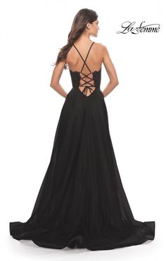 La Femme 31271 A-line tulle dress with sheer lace bodice and scallop edging along the neckline. Attention Grabber, Sheer Lace Dress, Lace Evening Dress, Prom Dress Stores, Social Event, Prom Dress Styles, Designer Prom Dresses, Prom Designs, Lace Evening Dresses