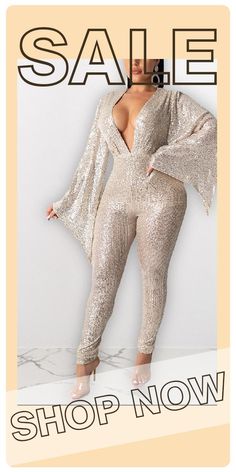 Fashion Sexy White Sequined Wide-sleeved Jumpsuit-DY1911054-1 Trendy High Waist Party Bodysuit, Fall Party V-neck Bodysuit, Glamorous Stretch Long Sleeve Bodysuit, Glamorous Long Sleeve Stretch Bodysuit, Chic Long Sleeve Bodysuit For Going Out, Chic High Waist Bodysuit For Party, Fitted Long Sleeve Bodysuit For Party Season, Elegant Long Sleeve Bodysuit For Going Out, Chic Long Sleeve Jumpsuits And Rompers For Party Season