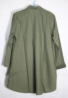 "【Fabric】 Cotton 【Color】 army green 【Size】 Shoulder 45cm / 18\" Bust 120cm / 47\" Sleeve 59cm / 23 \" Great arm circumference 42cm / 16.4 \" Length 93cm / 36.3 \" Hem 160cm / 62.4 \" Have any questions please contact me and I will be happy to help you." Green Plain Tops For Spring, Green Solid Color Shirt For Fall, Oversized Long Sleeve Khaki Shirt, Oversized Khaki Long Sleeve Shirt, Oversized Green Tops For Daywear, Green Oversized Tops For Daywear, Khaki Collared Top, Green Button-up Solid Color Top, Green Solid Color Button-up Top