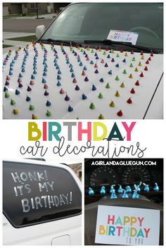 cars decorated with birthday car decorations and happy birthday signs on the hood, in front of a white truck