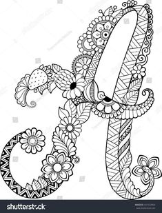 the letter e is decorated with flowers and leaves in black and white coloring book pages