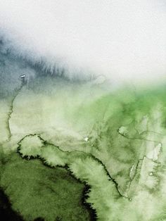 an abstract painting with green and blue colors on the water's surface, as seen from above