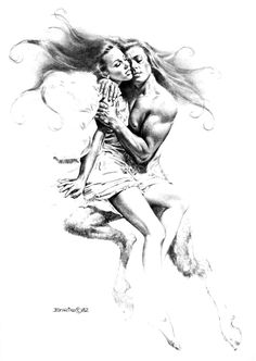 a drawing of two people hugging each other with their arms around one another while the woman is