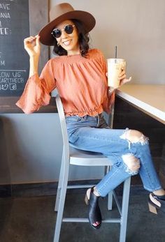 Romance  Ruffle  Top in Rust Burnt Orange Top, Ruffle Crop Top, Orange Top, Textured Design, Ruffled Sleeves, Off The Shoulder Top, Beautiful Blouses, Ruffle Top, Smocking