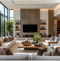 Light Contemporary Living Room, Large Home Decor Ideas, Windows Behind Sofa, Living Room Designs Organic Modern, Tv Room Ideas Modern Luxury, Modern Architecture House Interior, Modern Living Room Built Ins, Luxury Lounge Room, Modern Chic Interior Design