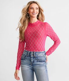 Women's Rhinestone Mesh Top In Pink By Daytrip., Women's Cabaret Sheer mock neck fitted top Bust measures 30 3/4 on size small Body length 24 on size small. 95% Nylon 5% Spandex. Hand wash cold with like colors only. Do not bleach. Lay flat to dry. Reshape. Do not iron.. Measurements: Bust -Fullest part of bust with arms at sides. Waist -Circumference of natural waist: above belly button below rib cage. Hips -Standing with feet together fullest part of hips. WOMEN'S TOP SIZE CONVERSION CHART Siz Fitted Top, Waist Circumference, Conversion Chart, Top For Women, Women Shirts Blouse, Rib Cage, Cabaret, Shirts Blouses, Women's Shirts