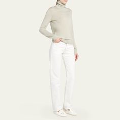 Loro Piana "Dolce Vita" knit turtleneck in cashmere  Foldover neckline Long sleeves Ribbed trim  Hip length Fitted Pullover style Cashmere Dry clean Made in Italy Elegant Fine Knit Turtleneck For Spring, Fine Knit High Neck Sweater, Elegant White High Neck Turtleneck, Cream Cashmere Turtleneck Top, Cream Long Sleeve Turtleneck, Elegant Cashmere Turtleneck Top, Elegant Beige Turtleneck, Elegant White Funnel Neck Turtleneck, Elegant White Cashmere Turtleneck