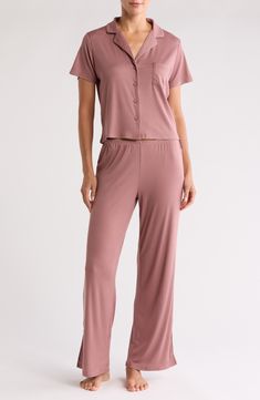 These soft brushed-jersey pajamas offer a cozy space to bask away in luxe, lounge-all-day comfort. Top has spread collar; short sleeves Pants have drawstring waist 95% polyester, 5% spandex Machine wash, tumble dry Imported Solid Color Relaxed Fit Sleepwear For Lounging, Relaxed Solid Color Sleepwear For Loungewear, Relaxed Solid Sleepwear For Loungewear, Solid Color Relaxed Sleepwear, Casual Soft Sleepwear With Relaxed Fit, Casual Soft Relaxed Fit Sleepwear, Soft Casual Sleepwear With Relaxed Fit, Solid Color Sleepwear Long Pants For Loungewear, Comfortable Short Sleeve Sleepwear For Relaxation