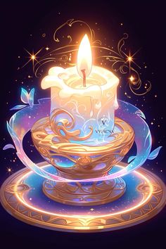 a lit candle sitting on top of a blue plate with an ornate design around it