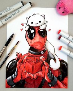 a drawing of a deadpool character on paper