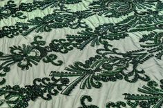 Emerald green beads, sequins, and embroidery on an emerald green tulle. Green Tulle, Embroidered Tulle, Green Beads, Green Bead, Emerald Green, Damask, All The Colors, Emerald, Embroidery