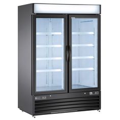 two glass door refrigerators sitting side by side with lights on the top and bottom