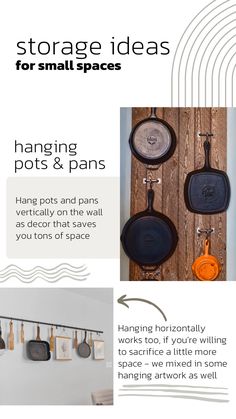 an advertisement for hanging pots and pans on the wall with text overlaying it