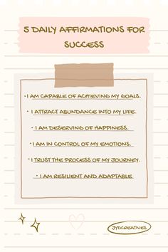 the five daily affirmations for success are shown in this handwritten note