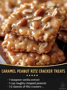 caramel peanut ritz cracker treats are stacked on top of each other with nuts