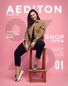 a woman sitting on top of a wooden chair in front of a pink background with the words aediton kartik