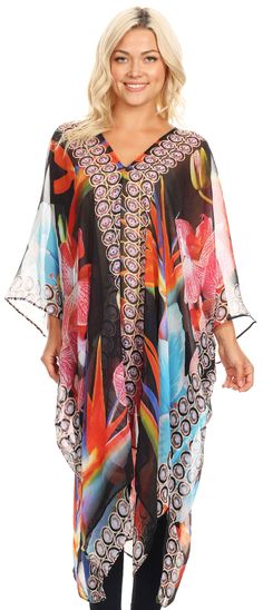 One size regular: Bust 80" (203 cm), Length 37" (94 cm). US 0-26W, EU 34-56, UK 6-30. Shell: Lightweight polyester sheer material with colorful digital print and decorative rhinestones. Care: Hand wash cold, hang dry, iron from reverse if needed. The perfect summer cover up top, flowy and super light. It will keep you fresh and looking beautiful in warm weather! Wear it over swimsuit or as regular top over tanks. Made with lightweight material, roomy with a relax fit, generous armholes and V nec Where To Buy Swimsuits, Sporty Bathing Suits, Summer Cover Up, Morning Dress, Summer Tie Dye, Affordable Swimwear, Skirted Swimsuit, Swimsuit With Shorts, Weather Wear