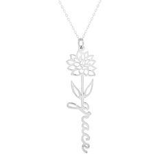 * Personalize with any name attached to birth month flower * Pendant measures approximately 2 depending on length of name * 16 Rolo chain * Made from Sterling Silver * Lobster claw clasp * Approx. weight 2.9 Grams * Imported  This unique November Birth Flower Chryasanthemum Name Necklace is perfect for any one born in November. It features a delicate Chryasanthemum motif for the perfect amount of subtle femininity. Showcase your birth month in a classy, personalized way with this special piece. November Birth Flower, Born In November, Name Necklace Silver, Birth Month Flower, Flower Names, Birth Month Flowers, Birth Flower, Personalized Birthday Gifts, Birth Month