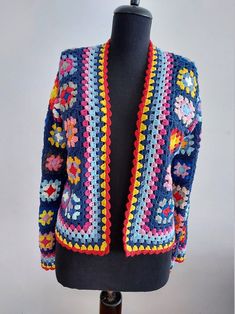 Multicolor Patchwork Long Sleeve Cardigan, Fitted Multicolor Knitted Outerwear, Colorful Long Sleeve Patchwork Cardigan, Multi-colored Long Sleeve Patchwork Cardigan, Multicolor Retro Knitted Outerwear, Vintage Multicolor Patchwork Cardigan, Multicolor Retro Patchwork Cardigan, Retro Multicolor Patchwork Cardigan, Handmade Vintage Multicolor Sweater