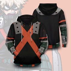 a black and orange hoodie with anime characters on it