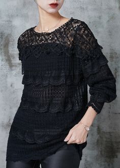 Women Black Hollow Out Patchwork Lace Knit Shirts SpringFabric: Knit BlendedSize & Fit: Fit: This garment fits true to size.Length: Size M measures 24.57"from shoulder to hemBust: Great for any cup size. Waist: Loose Fit. Comfortable room throughout midsection.Hip: Loose Fit - room for hips. Hand Wash Cold. Black Long Sleeve Lace Top For Fall, Black Long Sleeve Tops With Lace Patchwork, Black Long Sleeve Top With Lace Patchwork, Black Crew Neck Blouse For Winter, Black Long Sleeve Knit Top For Layering, Black Blouse For Winter Layering, Black Casual Lace Top For Fall, Lace Patchwork Tops For Layering, Casual Black Lace Top For Fall