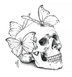 a drawing of a skull with butterflies on it's head and one butterfly sitting on top of the skull