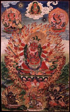 an image of buddha surrounded by fire and clouds