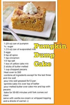 a recipe for pumpkin dump cake on a plate