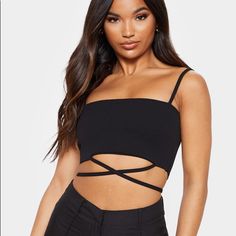 Nwt Black Strap Top Size 4 Trendy Strappy Crop Top For Night Out, Chic Strappy Crop Top For Night Out, Trendy Black Crop Top With Straps, Black Strap Crop Top For Summer, Black Crop Top With Straps For Summer, Black Bandage Crop Top For Summer, Black Strappy Top For Night Out, Trendy Black Crop Top For Night Out, Edgy Black Tops With Straps