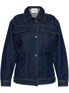 blue cotton denim contrast stitching panelled design logo patch to the rear spread collar front button fastening long sleeves buttoned cuffs chest flap pockets straight hem Yoko London, City Dress, Airport Fashion, Summer Beach Wear, Airport Style, Lady Dior, Design Logo, Isabel Marant, Jacket Tops