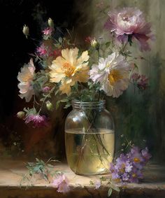 a painting of flowers in a glass jar