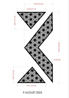 the letter k is shown with an intricate pattern in black and white, as well as measurements