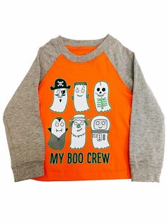 Toddler Boys Orange Costume Pirate Ghost Long Sleeve Shirt Halloween T-shirt This spooky and fun Halloween shirt has ghostly creatures that glow & is sure to be a favorite! Long sleeve shirt Toddler boys sizes Made in El Salvador 100% cotton Payment We accept PayPal as our payment method. Immediate payment is required. If you have any questions about payment, please feel free to contact our customer support team. Return Policy We have a no hassle return policy If you are unhappy with your purcha Playful Cartoon Print T-shirt For Fall, Fun Long Sleeve T-shirt With Screen Print, Playful Pre-shrunk Tops For Halloween, Halloween Long Sleeve Graphic T-shirt, Halloween Graphic Print Long Sleeve T-shirt, Casual Long Sleeve Halloween T-shirt, Graphic Tee Shirt With Cartoon Print, Playful Orange Crew Neck Top, Fall Cotton Tops With Character Print