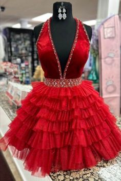 a-line stunning red halter beaded tiered short homecoming dress Prom Dress Red, Haute Couture Wedding Dress, Dresses Pageant, Beaded Wedding Gowns, Cheap Homecoming Dresses, Red Homecoming Dresses, Homecoming Dresses Tight, Two Piece Homecoming Dress, Burgundy Prom Dress