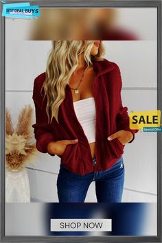 Fashion Cardigan Women's Wear Solid Color Long Sleeve Lapel Fleece Coat Cozy Fit Fleece Jacket For Cold Weather In Fall, Cozy Fit Fleece Jacket For Fall, Cozy Fleece Jacket For Fall, Cozy Fit Long Sleeve Fleece Jacket For Fall, Fleece Jacket With Pockets For Fall, Cozy Fall Fleece Jacket, Fall Fleece Sweater With Pockets, Red Fleece-lined Hoodie For Fall, Red V-neck Casual Outerwear