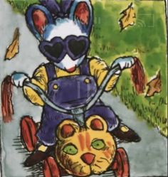 a drawing of a cat riding on the back of a bike