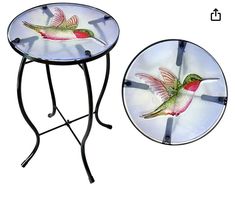 two glass plates with hummingbirds on them sitting next to each other in front of a white background