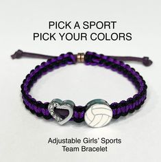 a purple bracelet with two volleyball balls on it and the words pick a sport pick your colors