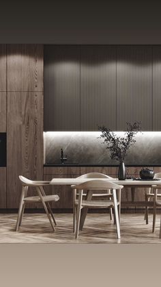 a dining room table with chairs around it in front of a wooden paneled wall