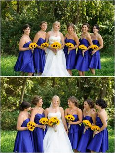 the bride and her bridesmaids are all dressed in blue dresses with sunflower bouquets