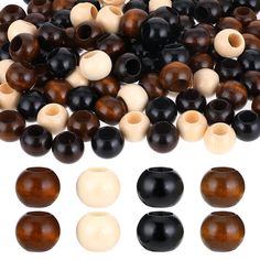 several different types of wooden beads on a white background