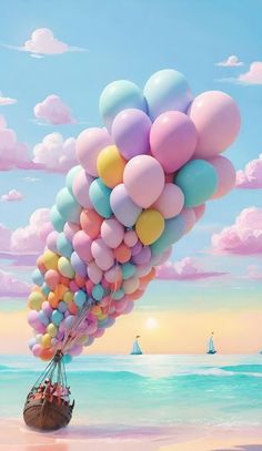 a bunch of balloons floating in the air over a body of water with sailboats